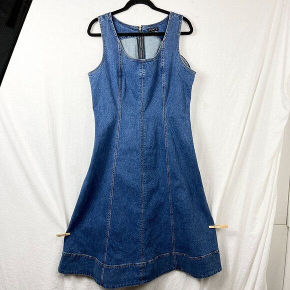 1. State Y2K Sleeveless Denim Fit Flare Midi Dress Womens L Swing 00s Stretch - Picture 1 of 13